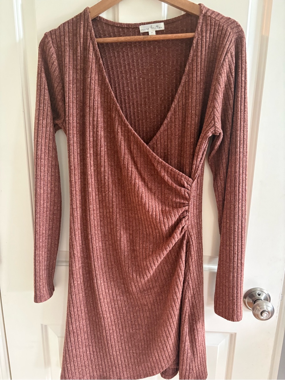 nine britton Ribbed Wrap-Front Long Sleeve Dress in Rosewood
